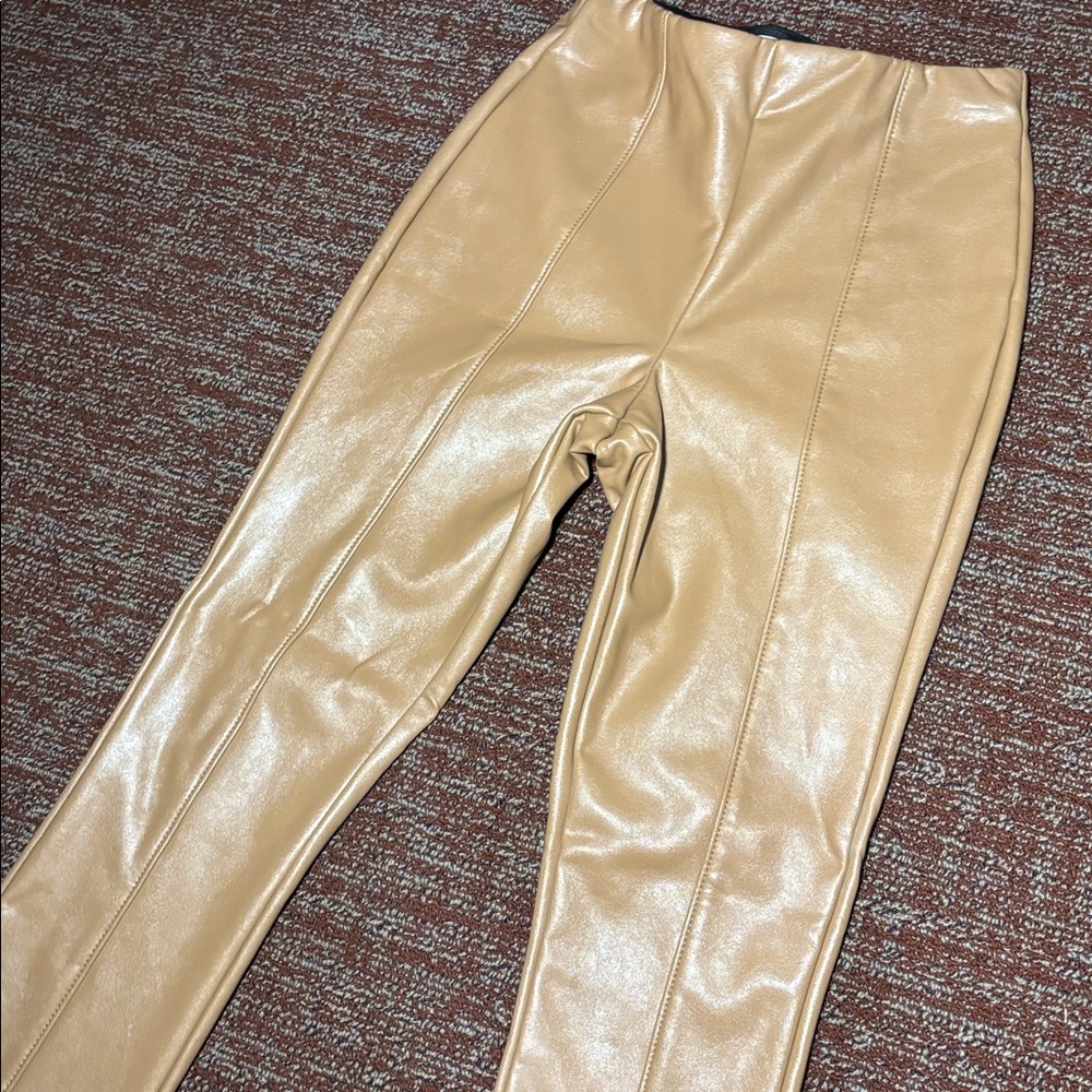 AFRM Adela high waisted faux leather pants light brown carmel front seam pull on